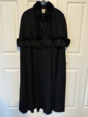 George Simonton Black Full Length Cape Coat with Rabbit Fur Trim size M